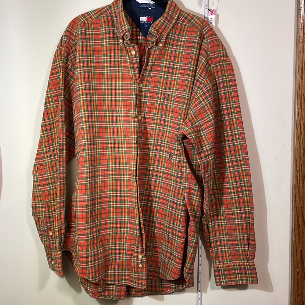 Tommy Hilfiger Men’s Large Button Collar Shirt Orange Green Plaid